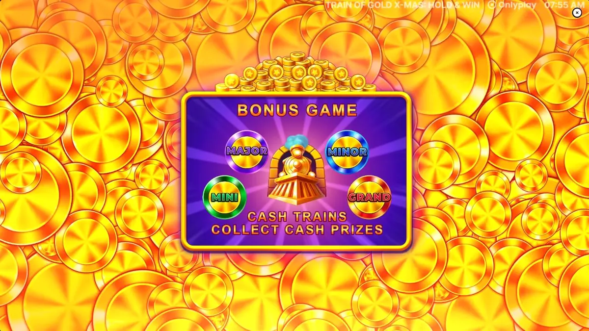 Tampilan layar ponsel menampilkan permainan slot Train of Gold X-Mas dengan tema kereta api salju yang meriah.