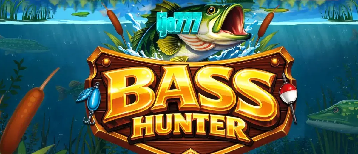 Pemandangan danau Nordic yang tenang di latar belakang slot Bass Hunter