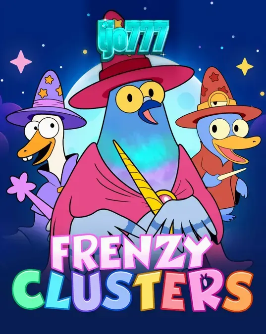 Tampilan antarmuka permainan slot Frenzy Clusters dengan karakter pahlawan yang unik